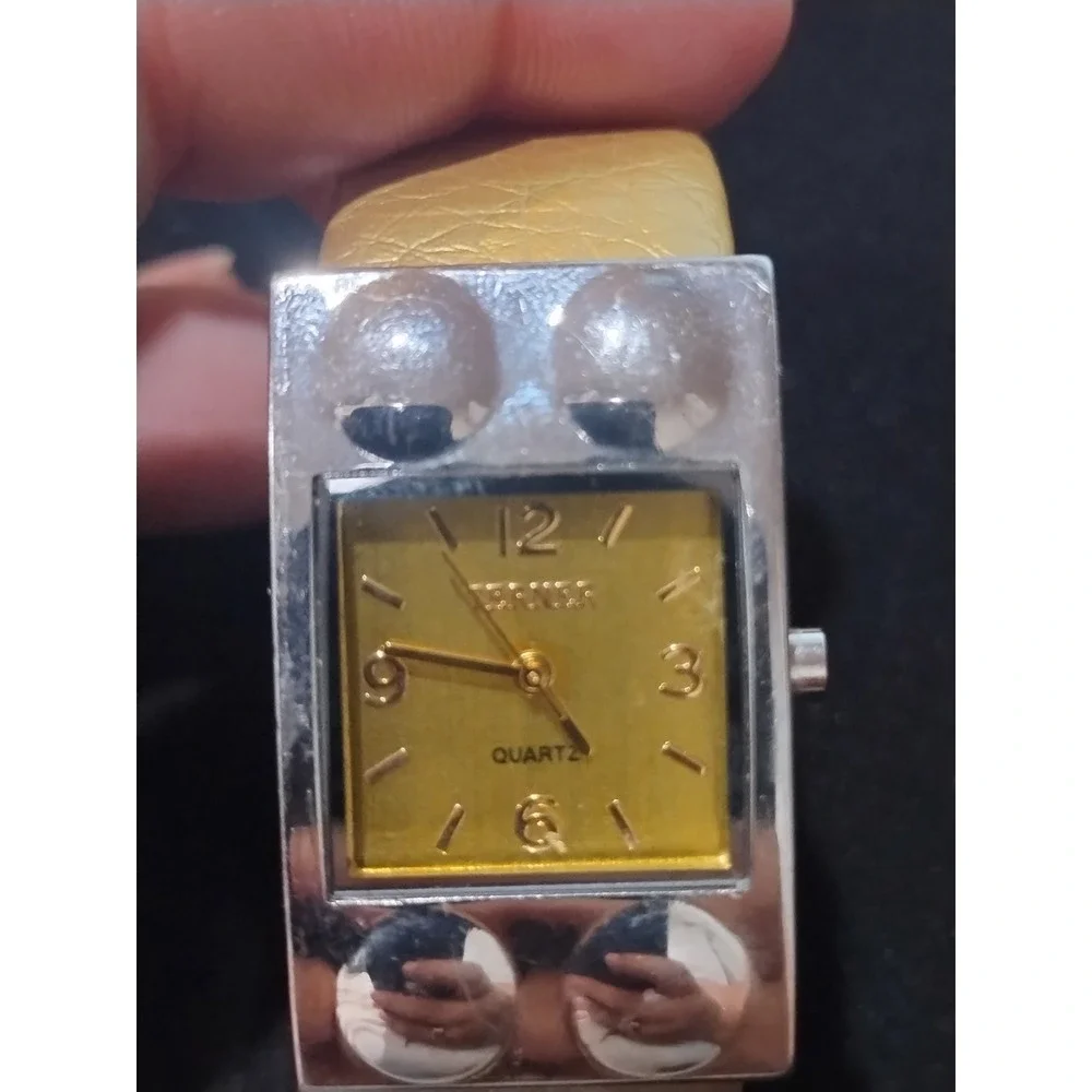 Vintage Terner Womens Quartz Watch Yellow Dial Silver Tone Studded Cuff K-26426